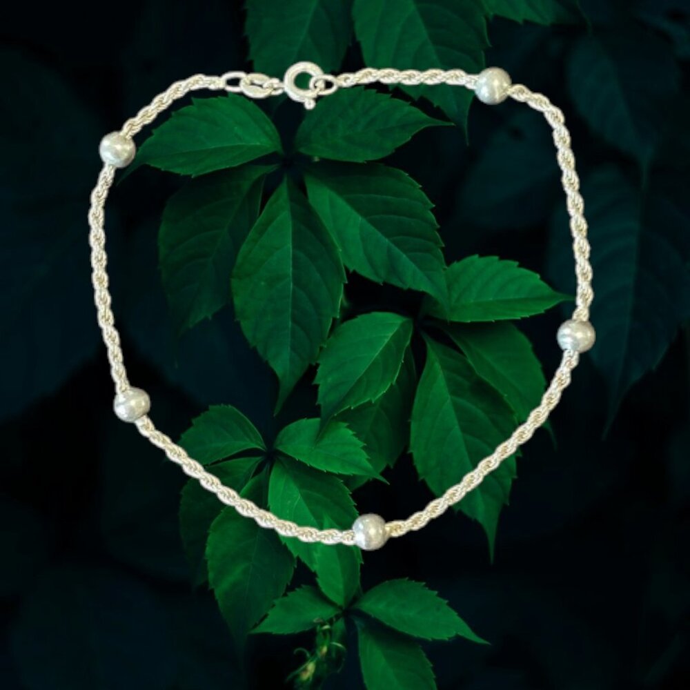 Vintage 925 Sterling Silver Rope & Bead Chain Ankle Bracelet Made in Italy 9in